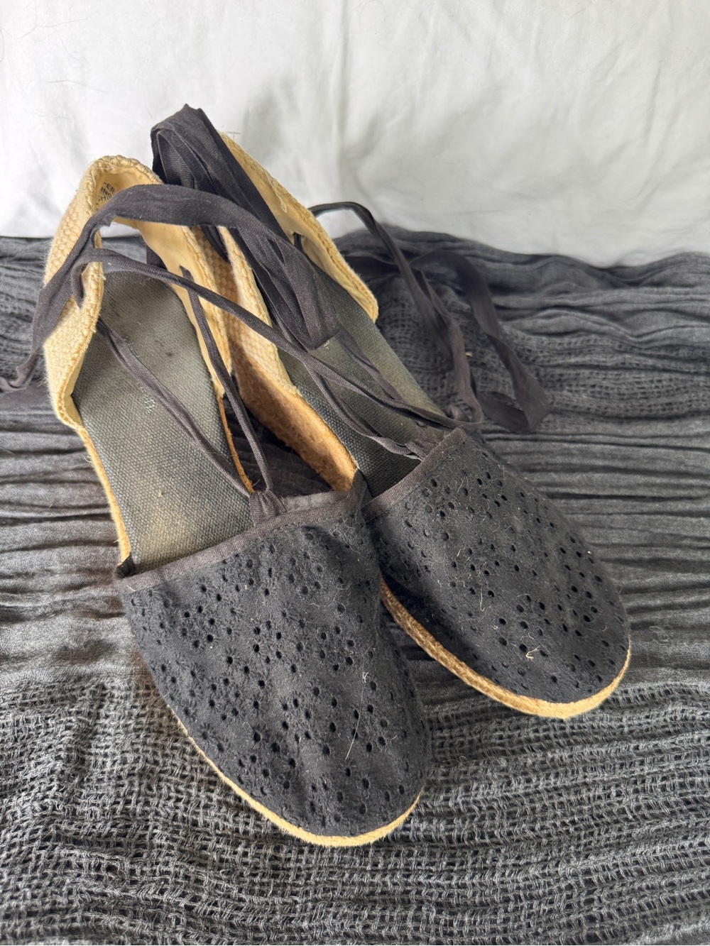 Black Eyelet Lace-Up Espadrilles wedge heel Jute